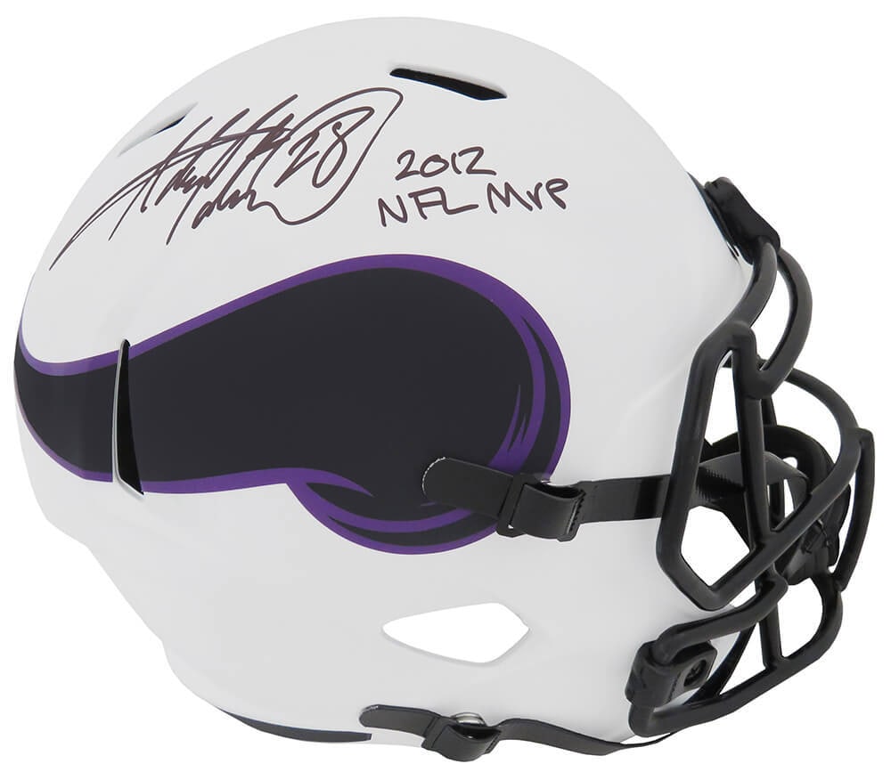 Adrian Peterson Signed Vikings Lunar Eclipse Helmet 2012 MVP COA: Adrian Peterson Signed Vikings Lunar Eclipse Helmet 2012 MVP COA This is an authentic Adrian Peterson signed Minnesota Vikings Lunar Eclipse Riddell full-size speed replica helmet, featuring the inscr
