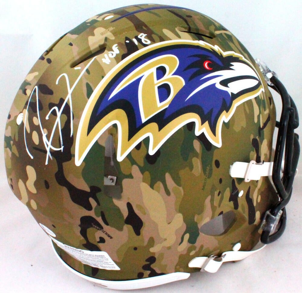 Ray Lewis Signed Ravens Camo Full Size Authentic Helmet Beckett Authenticated: Ray Lewis Signed Ravens Camo Full Size Authentic Helmet Beckett Authenticated This is a full-size authentic camouflage Baltimore Ravens helmet autographed by Ray Lewis. The helmet includes a Hall of F