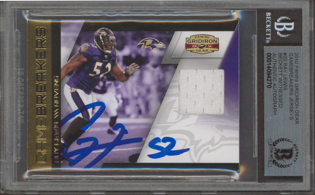 Ray Lewis Signed 2010 Panini Gridiron Gear Card 85/150 Gem Mint 10 BAS: Ray Lewis Signed 2010 Panini Gridiron Gear Card 85/150 Gem Mint 10 BAS This 2010 Panini Gridiron Gear Gamebreakers Jerseys #20 card, numbered 85/150, features a stunning autograph from NFL legend Ray