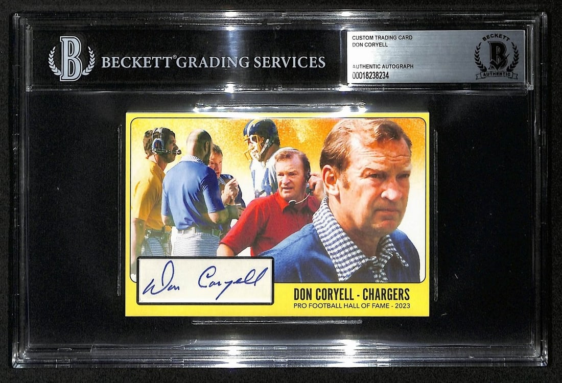 Don Coryell HOF Autographed Custom Card Chargers BAS Certified: Don Coryell HOF Autographed Custom Card Chargers BAS Certified This listing features a Don Coryell Hall of Fame signed/autographed custom trading card, measuring 3.5x5 inches, representing the San Die