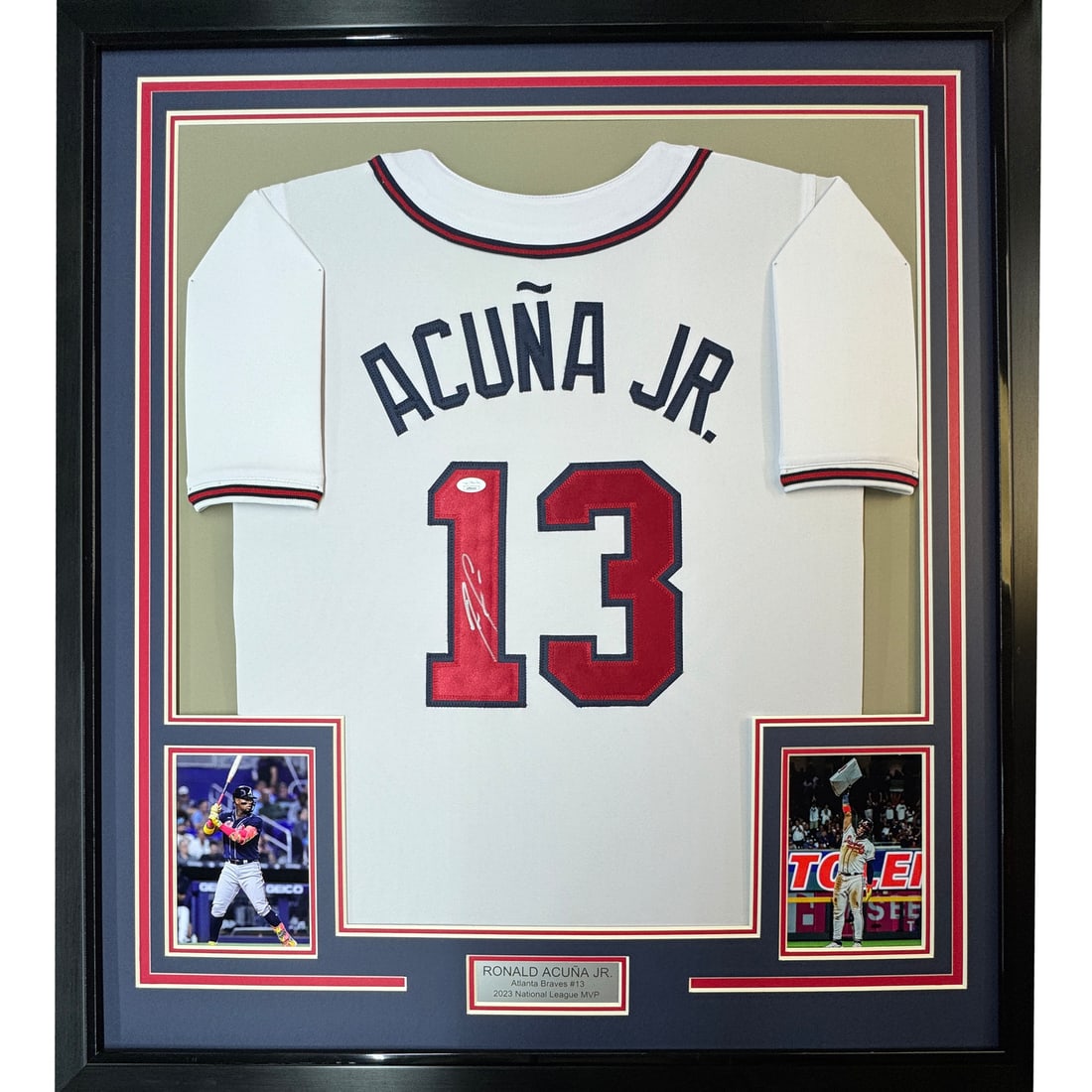 Framed Ronald Acuna Jr. Autographed Jersey 33x42 Atlanta Braves JSA COA: Framed Ronald Acuna Jr. Autographed Jersey 33x42 Atlanta Braves JSA COA This professionally framed and matted display features an authentic autographed Ronald Acuna Jr. Atlanta Braves white jersey. Th