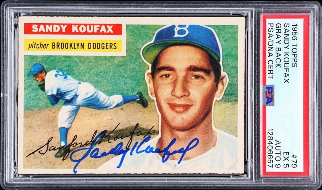 1956 Topps Sandy Koufax Signed Card PSA Graded 5 Autograph Rated 9: 1956 Topps Sandy Koufax Signed Card PSA Graded 5 Autograph Rated 9 This is a 1956 Topps Sandy Koufax baseball card, hand signed by Sandy Koufax. The card is professionally authenticated and graded by