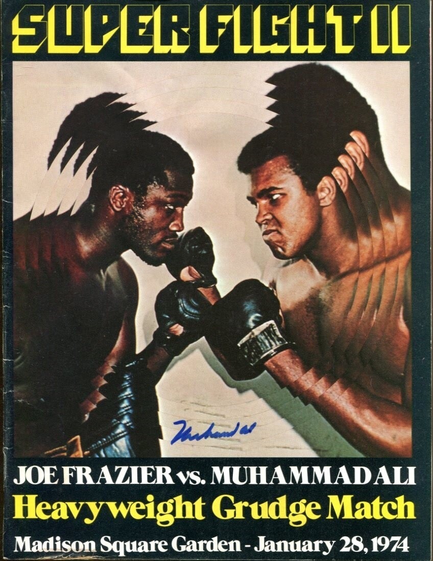 Beckett Authenticated 1974 Boxing Program Signed by Muhammad Ali Featuring Joe Frazier: Beckett Authenticated 1974 Boxing Program Signed by Muhammad Ali Featuring Joe Frazier This is an original onsite program autographed by Muhammad Ali from his 1974 fight with Joe Frazier. The autograp