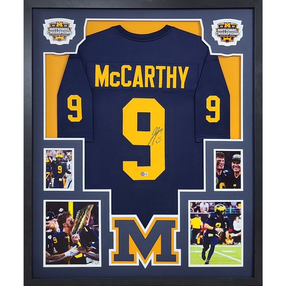 JJ McCarthy Signed Framed Jersey Beckett Authenticated Michigan National Championship: JJ McCarthy Signed Framed Jersey Beckett Authenticated Michigan National Championship Celebrate Michigan's National Championship with this stunning framed autographed jersey of JJ McCarthy. The jersey