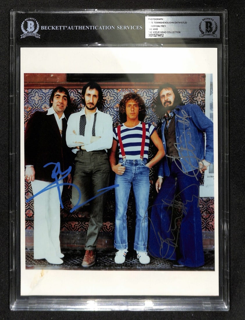 The Who Signed 8x10 Photo Daltrey Townshend Entwistle Beckett Authenticated: The Who Signed 8x10 Photo Daltrey Townshend Entwistle Beckett Authenticated This authentic 8x10 color photograph of The Who features the signatures of three legendary members: Roger Daltrey (vocals),