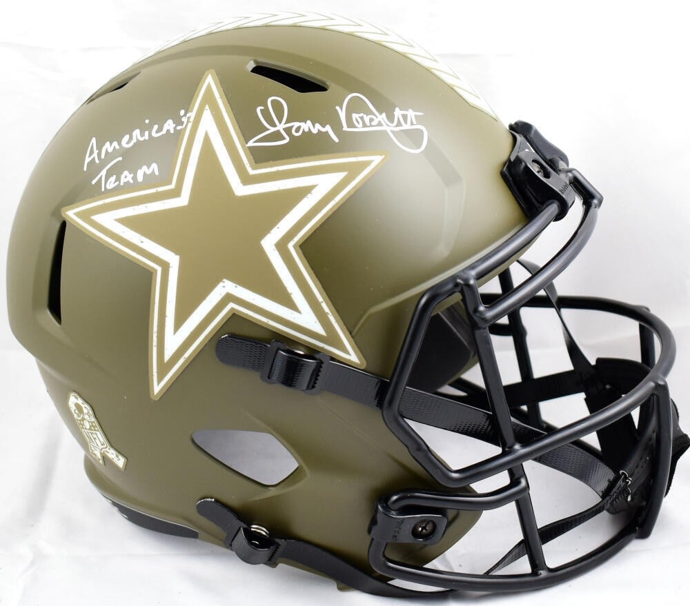 Tony Dorsett Signed Dallas Cowboys Salute to Service Helmet Beckett Authenticated: Tony Dorsett Signed Dallas Cowboys Salute to Service Helmet Beckett Authenticated This authentic Dallas Cowboys full-size salute to service speed helmet is signed by Hall of Famer Tony Dorsett, a lege