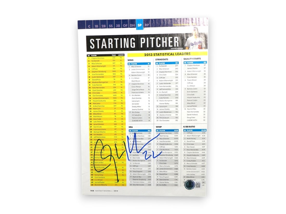 Clayton Kershaw Signed Magazine Page 2013 Stats Dodgers Beckett Authenticated: Clayton Kershaw Signed Magazine Page 2013 Stats Dodgers Beckett Authenticated This is an original magazine page autographed by Clayton Kershaw, the star pitcher for the Los Angeles Dodgers. The page f