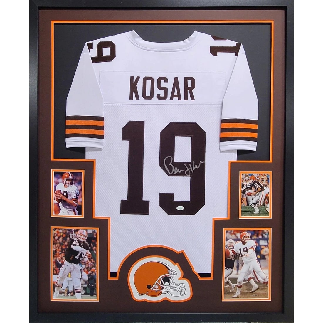 Framed Cleveland Browns Bernie Kosar Jersey with JSA Authentication: Framed Cleveland Browns Bernie Kosar Jersey with JSA Authentication This framed Cleveland Browns jersey is autographed by Bernie Kosar and authenticated by JSA, ensuring its authenticity. The jersey i