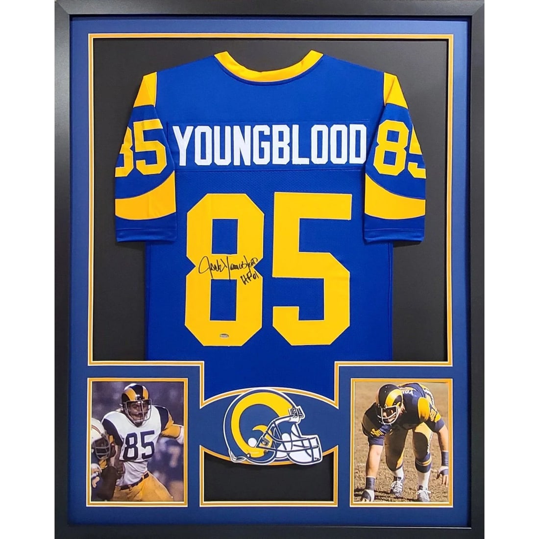 Framed Los Angeles Rams Jersey Autographed by Jack Youngblood with Schwartz COA: Framed Los Angeles Rams Jersey Autographed by Jack Youngblood with Schwartz COA This pre-owned framed Los Angeles Rams jersey is autographed by Jack Youngblood. The jersey has been authenticated by Sc