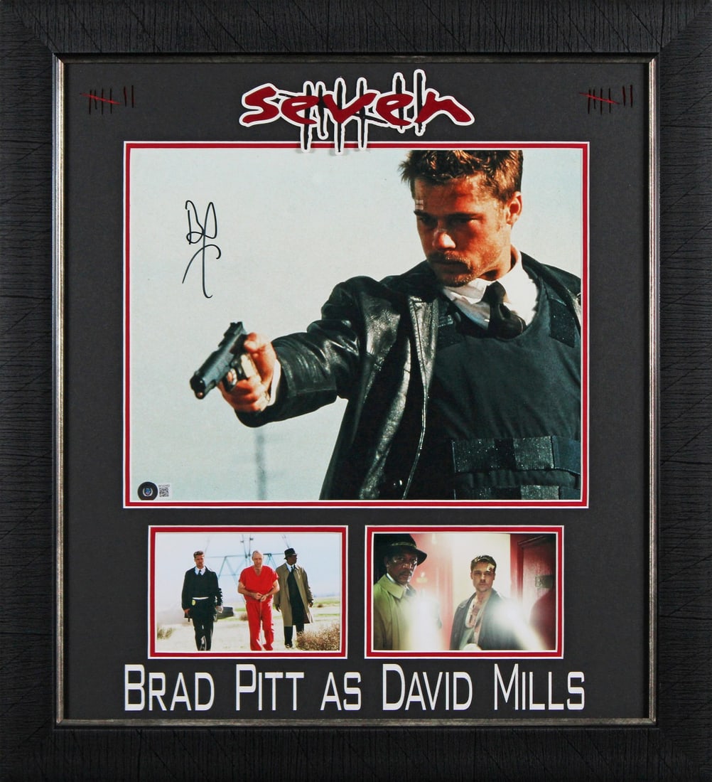 Brad Pitt Signed 11x14 Framed Photo from Seven with BAS Authentication: Brad Pitt Signed 11x14 Framed Photo from Seven with BAS Authentication This authentic autographed 11x14 framed photograph features Brad Pitt from the iconic film 'Seven'. The photo has been personally