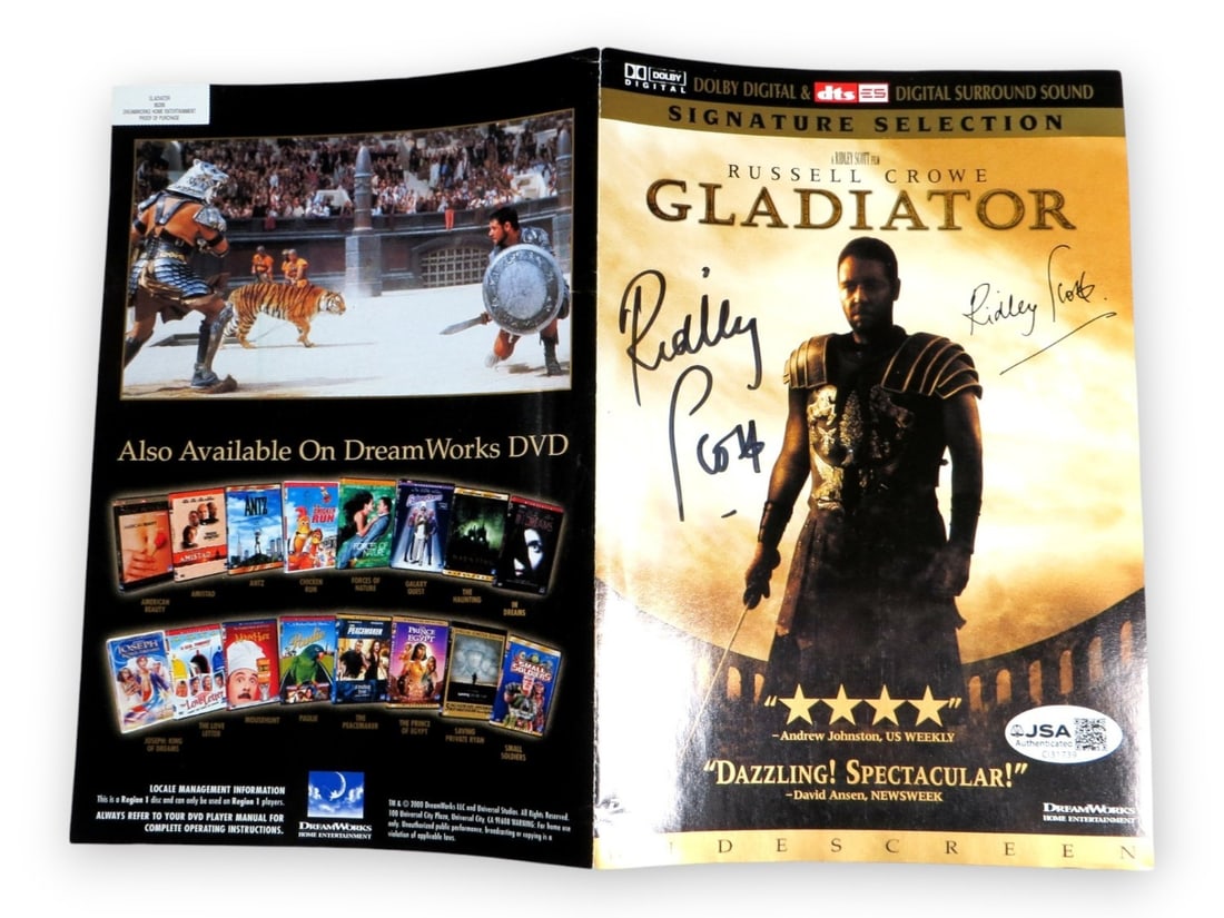 Ridley Scott Autographed Gladiator DVD Cover JSA Authenticated: Ridley Scott Autographed Gladiator DVD Cover JSA Authenticated This is an original DVD cover for the acclaimed film Gladiator, signed by the renowned director Ridley Scott. The autograph has been auth