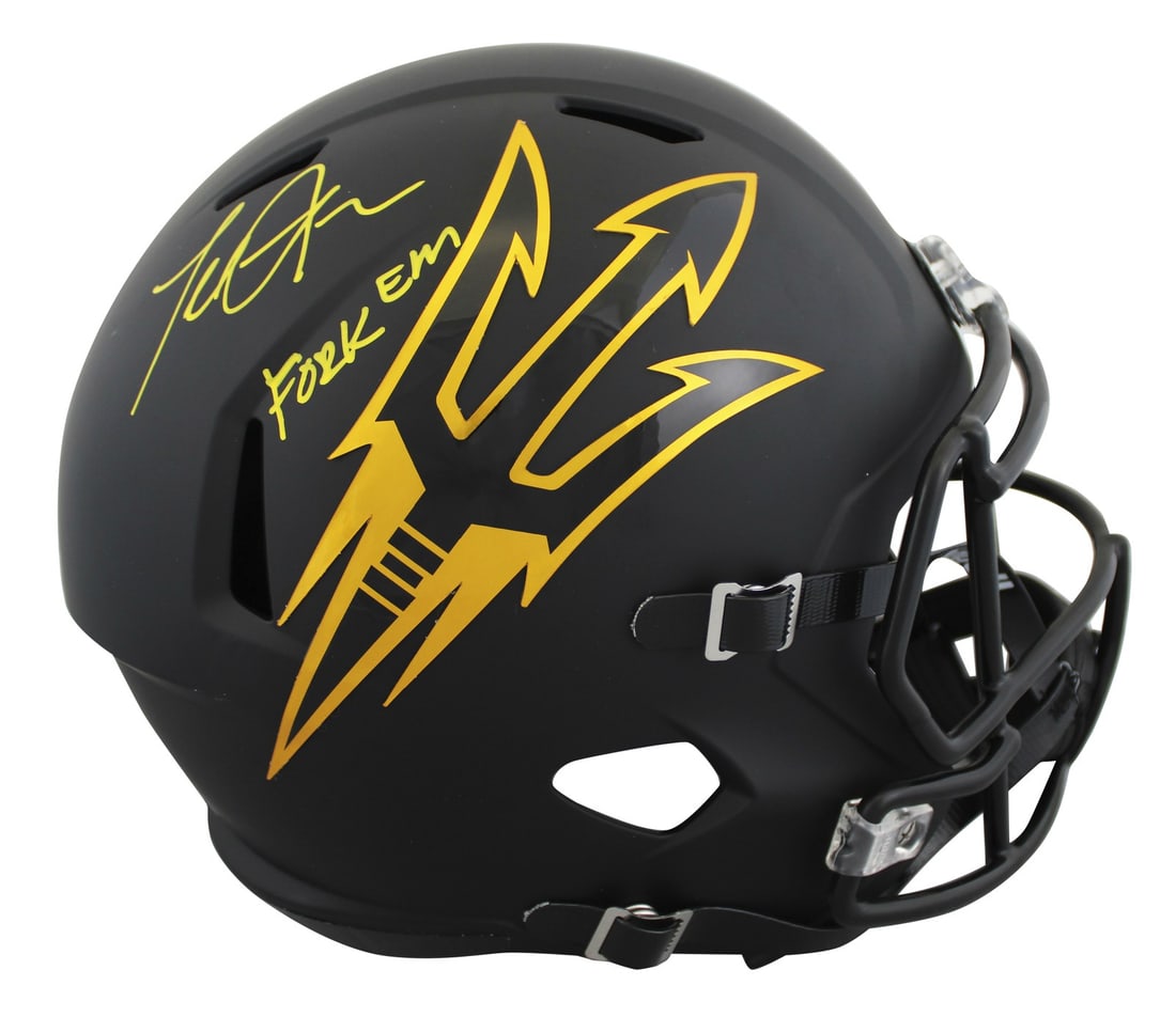 Terrell Suggs Signed ASU Black Full Size Helmet Fork Em BAS Witnessed: Terrell Suggs Signed ASU Black Full Size Helmet Fork Em BAS Witnessed This authentic, black Riddell full-size Speed replica helmet is personally signed by Terrell Suggs, a standout player for the Ariz