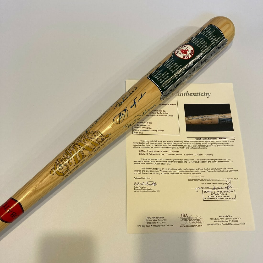 1967 Boston Red Sox Team Signed Bat 26 Signatures JSA COA: 1967 Boston Red Sox Team Signed Bat 26 Signatures JSA COA Celebrate the 1967 Boston Red Sox's American League Championship with this team-signed baseball bat featuring 26 signatures, including the leg