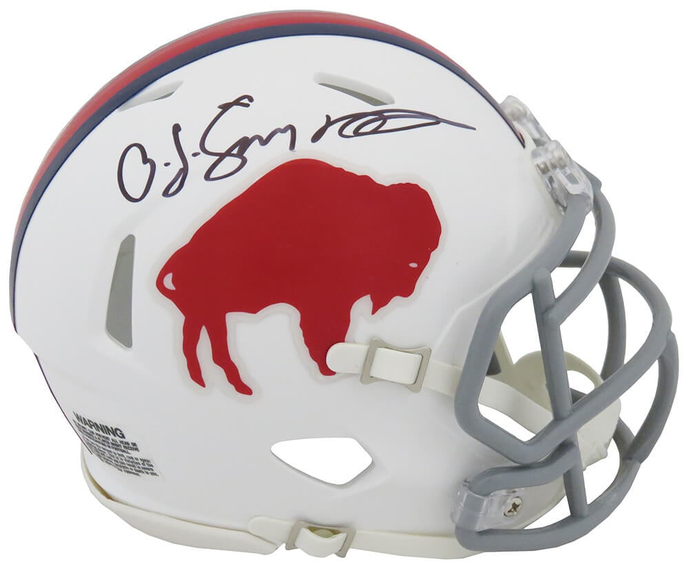 O.J. Simpson Signed Buffalo Bills Riddell Mini Helmet with COA: O.J. Simpson Signed Buffalo Bills Riddell Mini Helmet with COA Celebrate football history with this O.J. Simpson signed Buffalo Bills throwback white Riddell Speed mini helmet. This original collectib