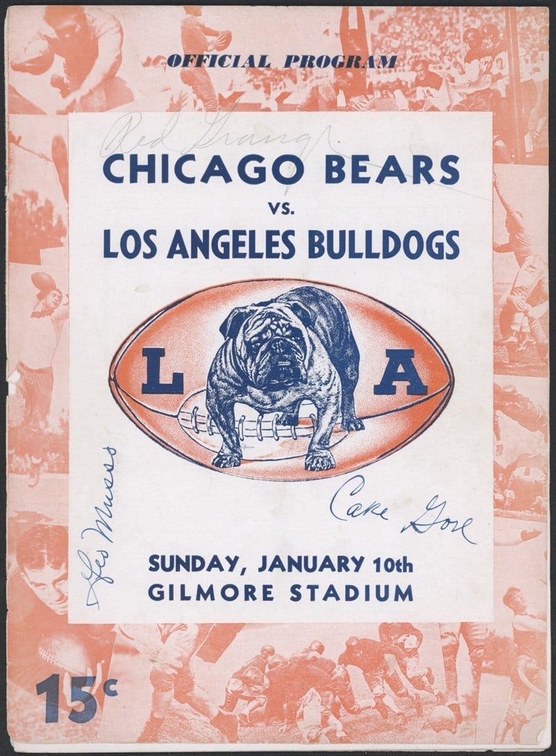 Program Signed by Grange Musso Gore 1937 Bears vs Bulldogs JSA Authenticated: Program Signed by Grange Musso Gore 1937 Bears vs Bulldogs JSA Authenticated This is an original program from the January 1937 exhibition game between the Chicago Bears and the Los Angeles Bulldogs. T