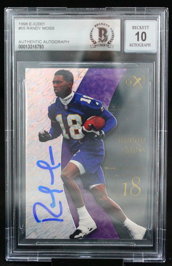 1998 Skybox E-X2001 Randy Moss RC #55 Autographed BGS 10 Vikings: 1998 Skybox E-X2001 Randy Moss RC #55 Autographed BGS 10 Vikings This is a 1998 Skybox E-X2001 #55 Randy Moss rookie card, featuring a hand-signed autograph by the legendary player himself. This sport