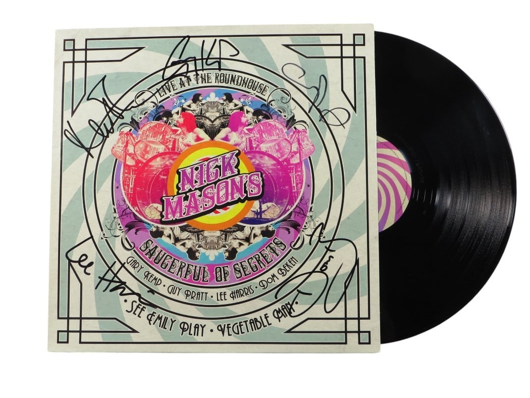 Nick Mason Saucerful of Secrets Signed Album Cover Beckett Authenticated: Nick Mason Saucerful of Secrets Signed Album Cover Beckett Authenticated This is an original autographed album cover of Nick Mason's Saucerful of Secrets, featuring signatures from Nick Mason, Gary Ke