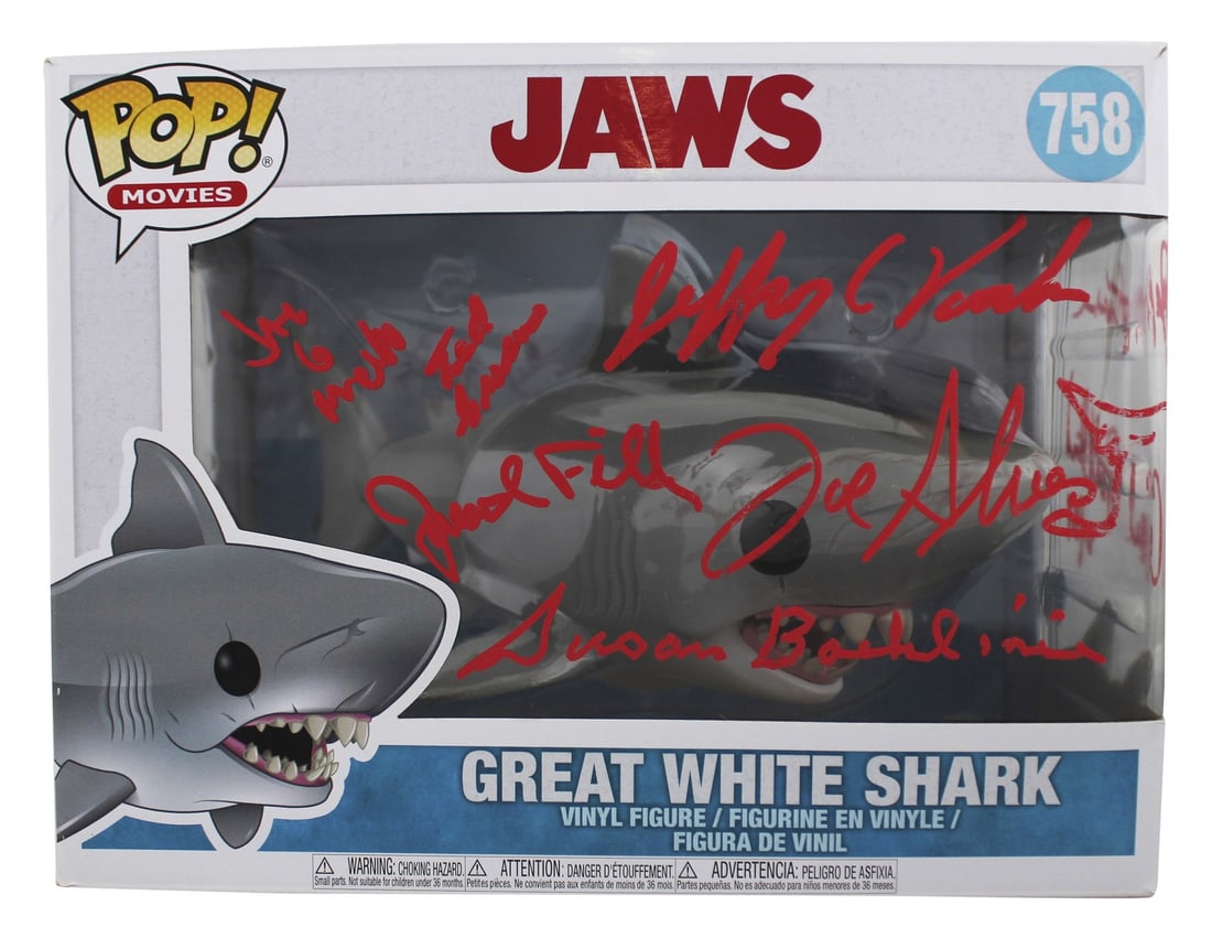 Jaws Funko Pop #758 Signed by 7 Cast Members BAS Certified: Jaws Funko Pop #758 Signed by 7 Cast Members BAS Certified This autographed Great White Shark #758 Funko Pop Vinyl Figure is a must-have for collectors and fans of the iconic film Jaws. Personally sig