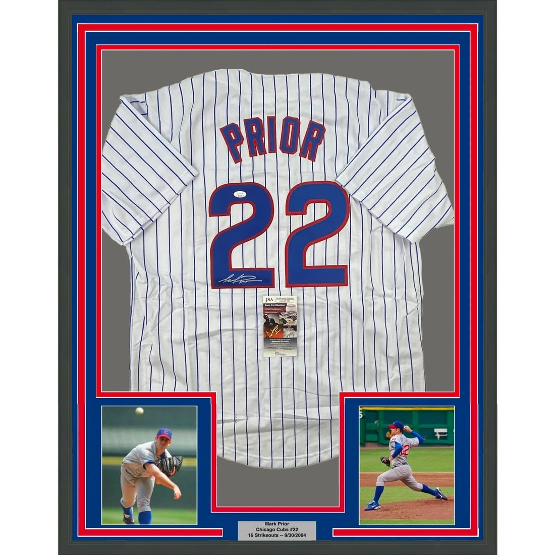 Framed Mark Prior Autographed Chicago Cubs Pinstripe Jersey JSA COA: Framed Mark Prior Autographed Chicago Cubs Pinstripe Jersey JSA COA Celebrate the legacy of Mark Prior with this professionally framed and matted Chicago Cubs pinstripe jersey. This authentic jersey,