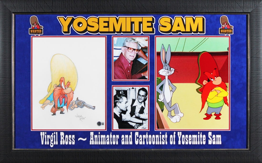 Framed Yosemite Sam Sketch Signed by Virgil Ross Beckett Authenticated: Framed Yosemite Sam Sketch Signed by Virgil Ross Beckett Authenticated This framed hand-drawn sketch features Yosemite Sam from Looney Tunes, personally signed by Virgil Ross. The piece has been authe