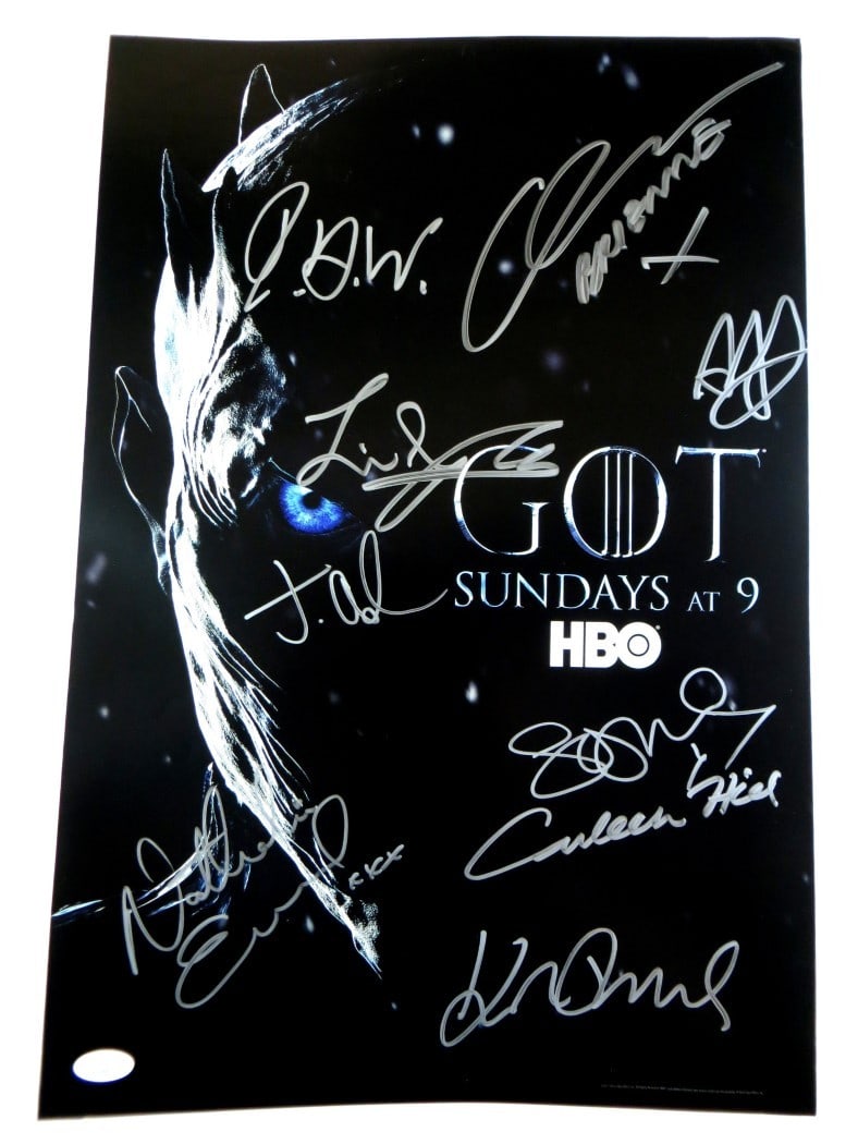 Game of Thrones 9 Autographed 13x20 Poster JSA Certified: Game of Thrones 9 Autographed 13x20 Poster JSA Certified This stunning Game of Thrones poster is a must-have for any fan, featuring a remarkable collection of signatures from nine prominent cast membe