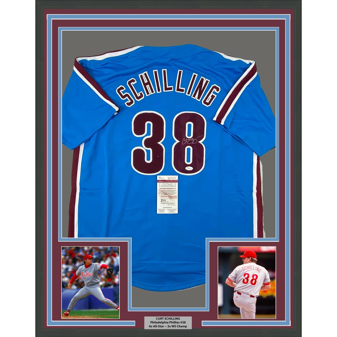 Curt Schilling Framed Autographed Jersey 33x42 JSA COA Phillies: Curt Schilling Framed Autographed Jersey 33x42 JSA COA Phillies This framed autographed Curt Schilling jersey is a must-have for any baseball enthusiast. The item features an original, authentic signa