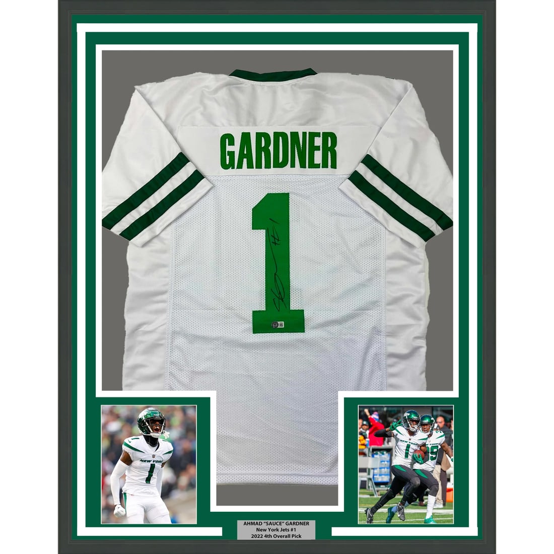 Framed Ahmad Sauce Gardner Autographed Retro Jersey New York Jets BAS COA: Framed Ahmad Sauce Gardner Autographed Retro Jersey New York Jets BAS COA This professionally framed and matted autographed Ahmad Sauce Gardner white retro jersey is an exciting collectible for any NF