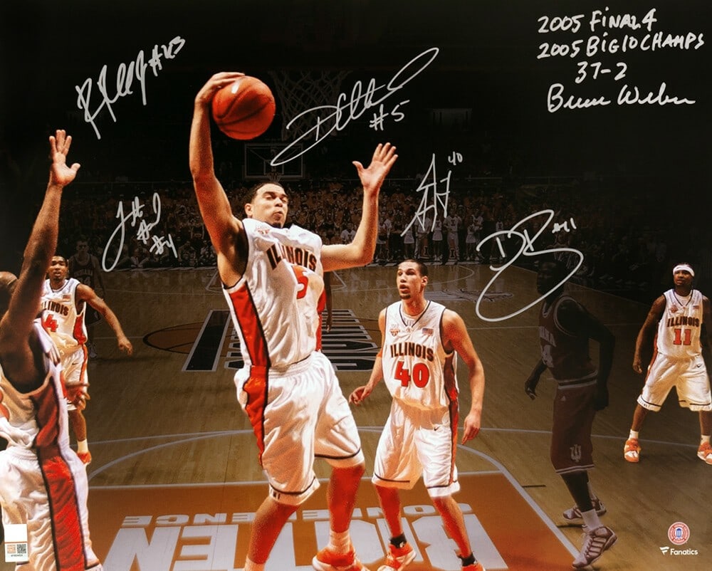 Illinois Basketball 2005 Starting Five Signed 16x20 Photo With Six Autographs Three Inscriptions: Illinois Basketball 2005 Starting Five Signed 16x20 Photo With Six Autographs Three Inscriptions This is an original 16x20 action photograph featuring the starting five players and head coach of the 2