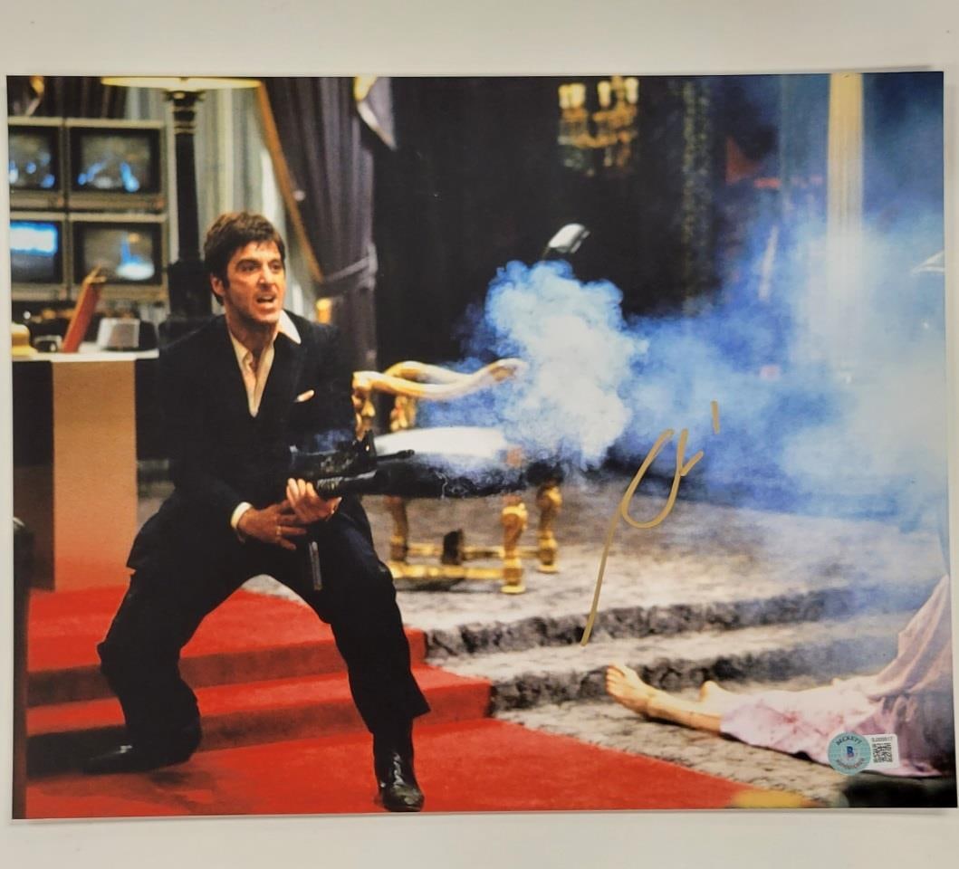 Al Pacino Autographed Scarface 11x14 Photo Beckett Certified: Al Pacino Autographed Scarface 11x14 Photo Beckett Certified This striking 11x14 photograph features Al Pacino's autograph, celebrating his iconic role in the classic film Scarface. The photograph is