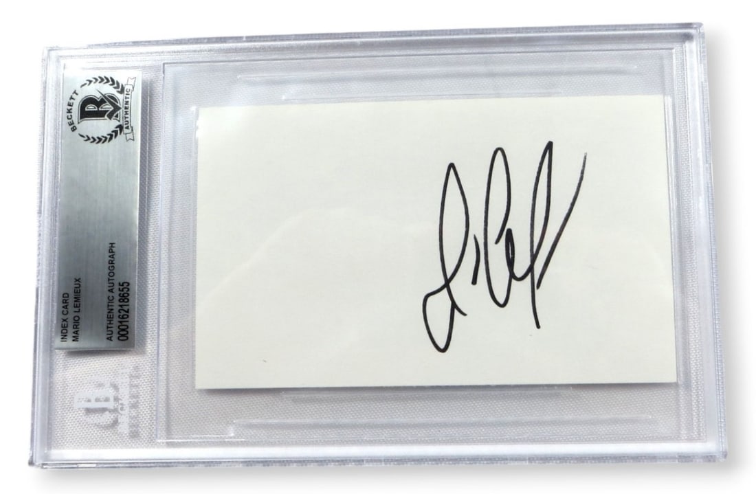 Mario Lemieux Autographed Index Card Penguins HOF Beckett Authenticated: Mario Lemieux Autographed Index Card Penguins HOF Beckett Authenticated This is an original index card signed by the legendary Mario Lemieux, a Hall of Famer and Pittsburgh Penguins icon. The autograp