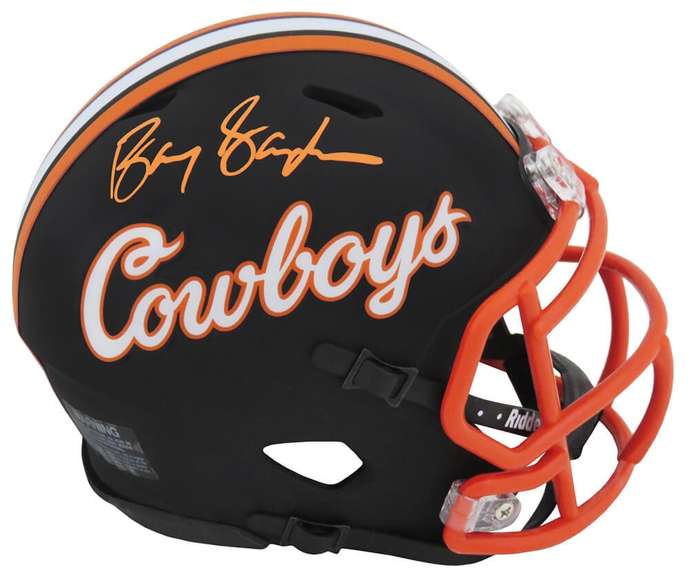Barry Sanders Signed Oklahoma State Riddell Mini Helmet COA NFL HOF: Barry Sanders Signed Oklahoma State Riddell Mini Helmet COA NFL HOF This officially licensed black Riddell Speed mini helmet is signed by legendary NFL player Barry Sanders, a standout from the Oklaho