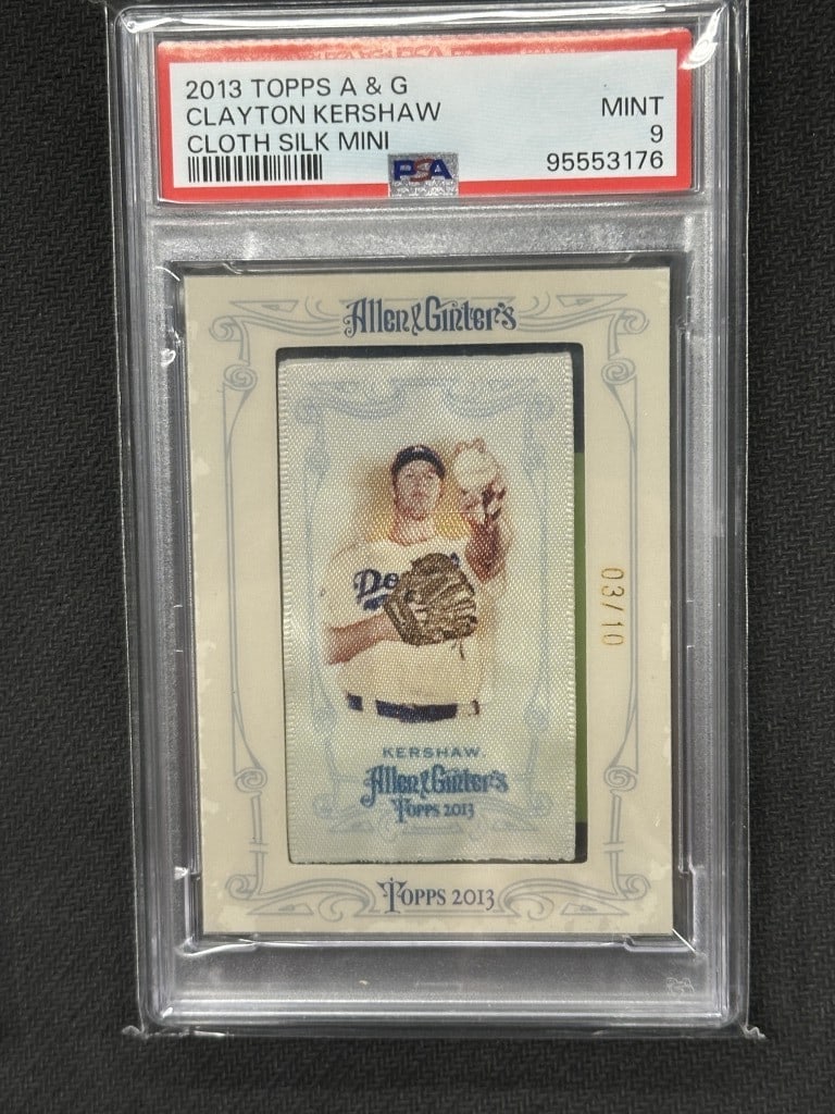 Clayton Kershaw 2013 Topps Allen & Ginter Framed Silk Mini PSA 9: Clayton Kershaw 2013 Topps Allen & Ginter Framed Silk Mini PSA 9 This is a 2013 Topps Allen & Ginter Framed Cloth Silk Mini baseball card featuring Clayton Kershaw, a star pitcher for the Los Angeles