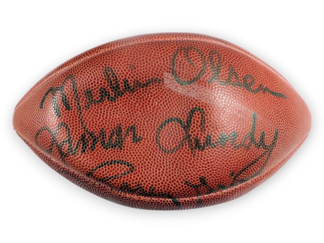 Los Angeles Rams Signed Football Merlin Olsen Rosey Grier Deacon Jones JSA Authenticated: Los Angeles Rams Signed Football Merlin Olsen Rosey Grier Deacon Jones JSA Authenticated This is an original autographed football featuring signatures from legendary Los Angeles Rams players: Merlin O