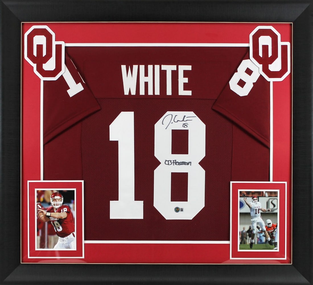 Jason White Autographed Framed Maroon Jersey With 03 Heisman Inscription BAS Witnessed: Jason White Autographed Framed Maroon Jersey With 03 Heisman Inscription BAS Witnessed This maroon pro style framed jersey features the authentic signature of Jason White, inscribed with "03 Heisman."