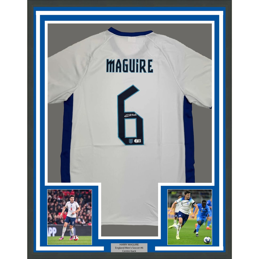 Framed Harry Maguire Autographed England Jersey with Beckett COA: Framed Harry Maguire Autographed England Jersey with Beckett COA Showcase your support for England with this professionally framed and autographed Harry Maguire jersey. Measuring 35x39 inches, this un
