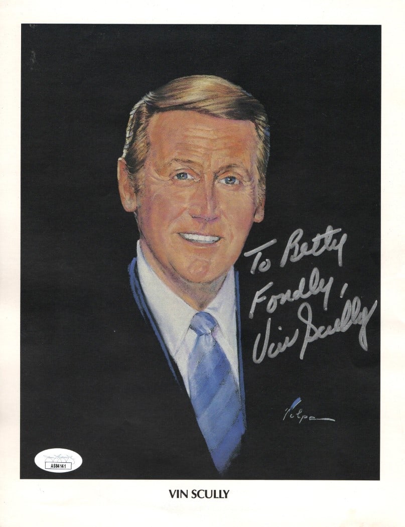 Vin Scully Autographed 8.5x11 Photo Print Dodgers JSA Certified: Vin Scully Autographed 8.5x11 Photo Print Dodgers JSA Certified Capture a piece of baseball history with this original 8.5X11 photograph print signed by the legendary Vin Scully, the voice of the Los