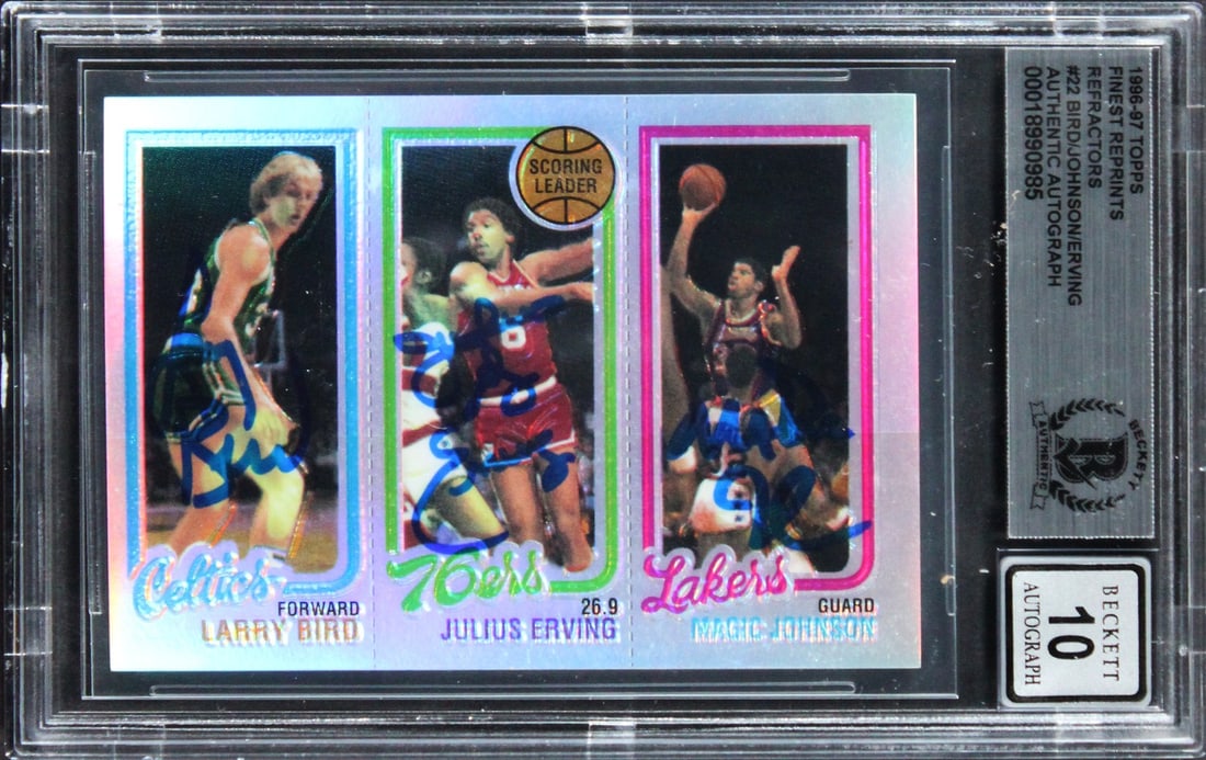 1996 Topps Finest Refractor Card Signed by Bird Erving Magic Johnson Beckett Slabbed: 1996 Topps Finest Refractor Card Signed by Bird Erving Magic Johnson Beckett Slabbed This 1996 Topps Finest Refractors #22 card is an original basketball collectible, personally signed by Larry Bird,