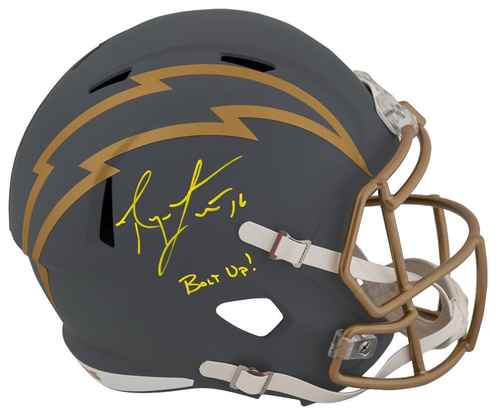 Ryan Leaf Signed Chargers Riddell Full Size Helmet with Bolt Up Inscription: Ryan Leaf Signed Chargers Riddell Full Size Helmet with Bolt Up Inscription This is a pre-owned, full-size replica helmet of Ryan Leaf, signed by the player himself. The helmet features the iconic des