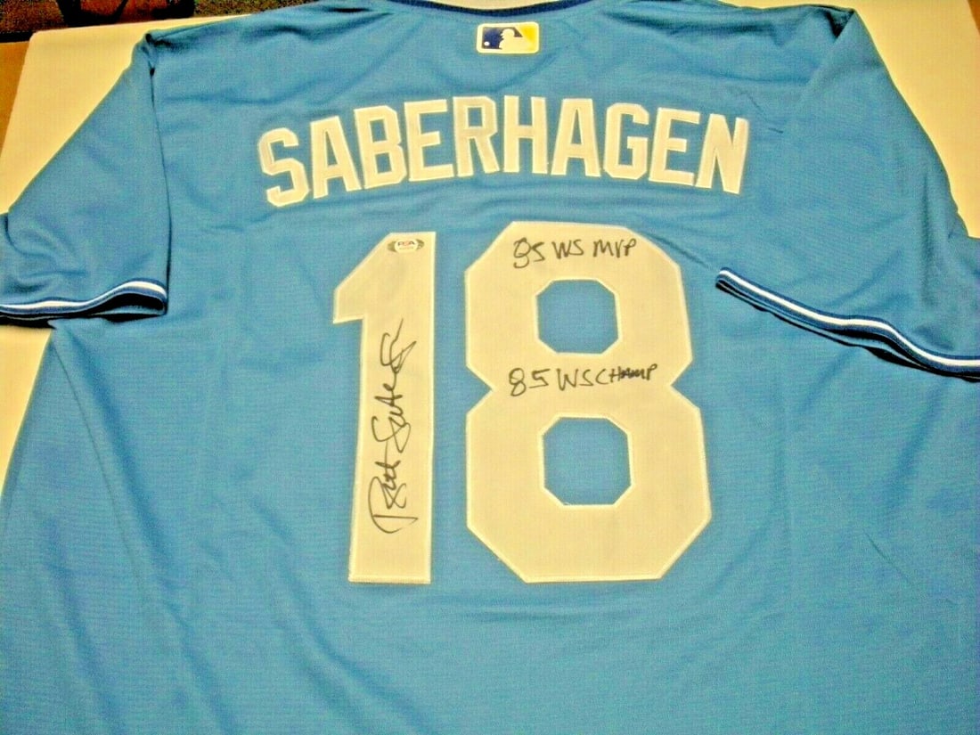 Signed Majestic Baseball Jersey Bret Saberhagen 1985 MVP JSA Authenticated: Signed Majestic Baseball Jersey Bret Saberhagen 1985 MVP JSA Authenticated This is an official Majestic jersey signed by Bret Saberhagen, commemorating his 1985 World Series Championship and MVP achie