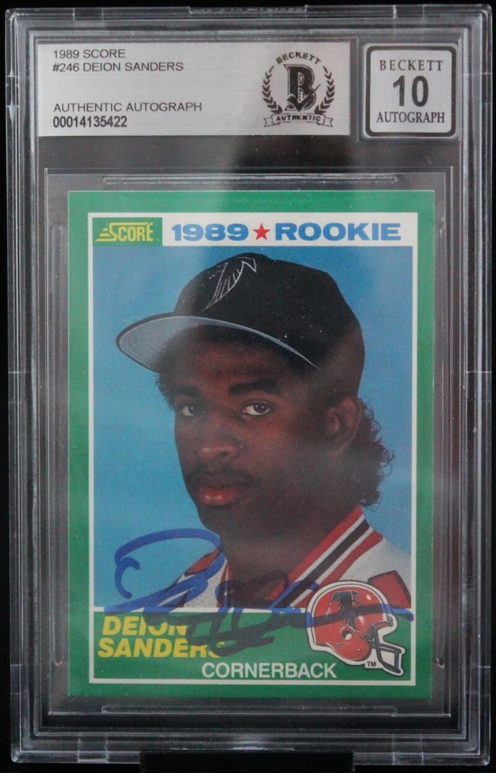 Deion Sanders Rookie Signed 1989 Score Football Card BGS Auto 10 Atlanta Falcons: Deion Sanders Rookie Signed 1989 Score Football Card BGS Auto 10 Atlanta Falcons This is an original 1989 Score #246 Deion Sanders sports trading card featuring the Atlanta Falcons star, Deion Sanders