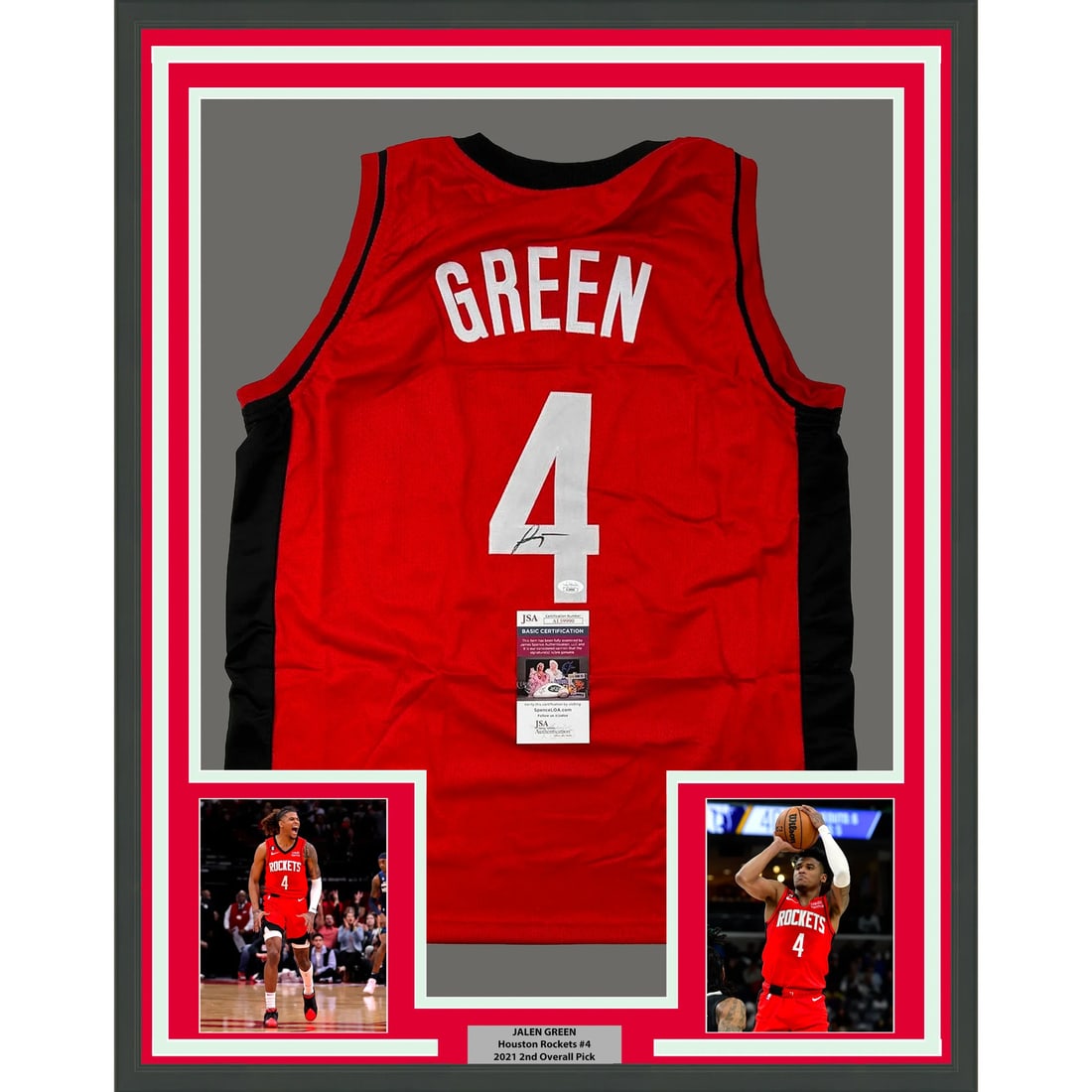 Jalen Green Signed Framed Jersey #4 Houston Rockets JSA COA: Jalen Green Signed Framed Jersey #4 Houston Rockets JSA COA This professionally framed and matted piece features an autographed Jalen Green Houston Rockets jersey, showcasing the vibrant red design wi