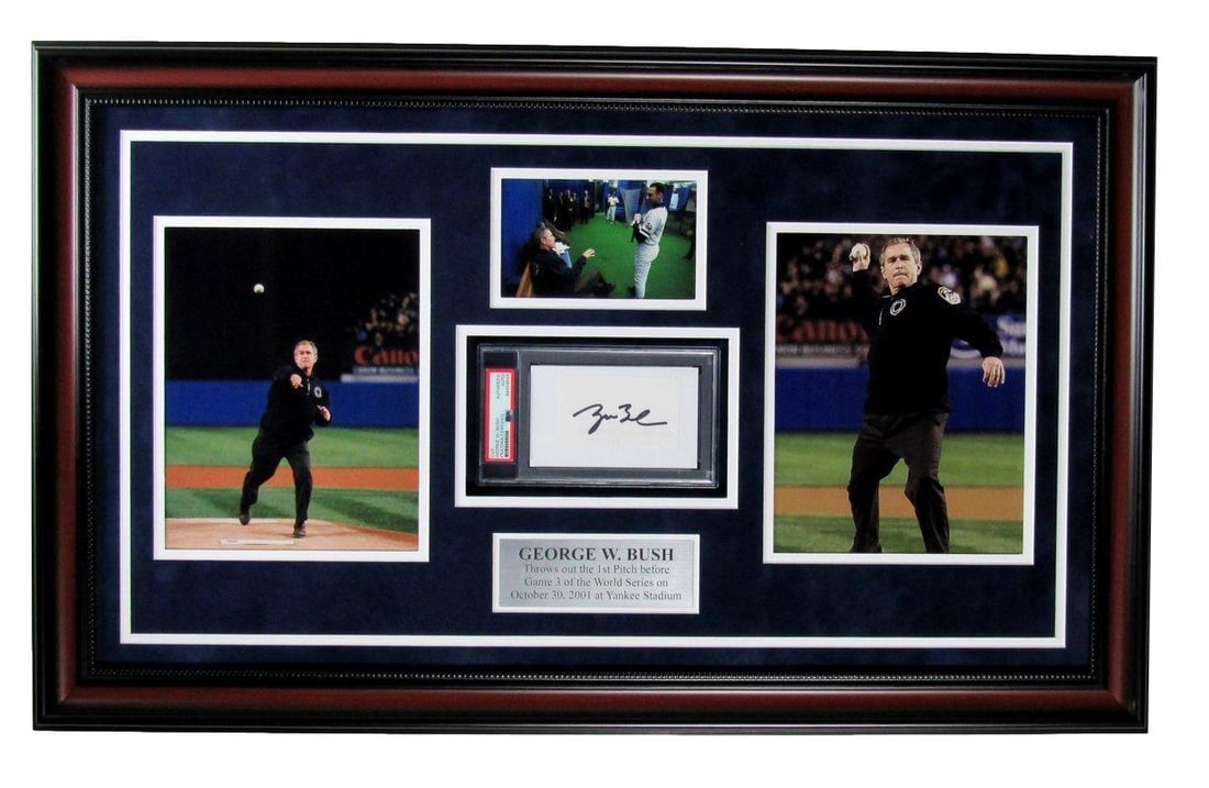 George W. Bush Signed 3x5 Index Card Photo Collage PSA/DNA Framed: George W. Bush Signed 3x5 Index Card Photo Collage PSA/DNA Framed This is an original George W. Bush signed 3x5 index card, beautifully framed with a photo collage capturing the moment he threw out th