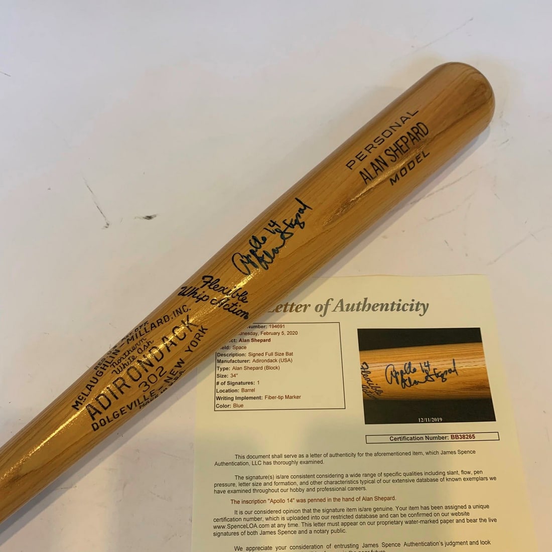 Alan Shepard Apollo 14 Signed Baseball Bat 33.5 inches with JSA COA: Alan Shepard Apollo 14 Signed Baseball Bat 33.5 inches with JSA COA Celebrate the legacy of space exploration with this authentic Alan Shepard "Apollo 14" signed and inscribed game model baseball bat.