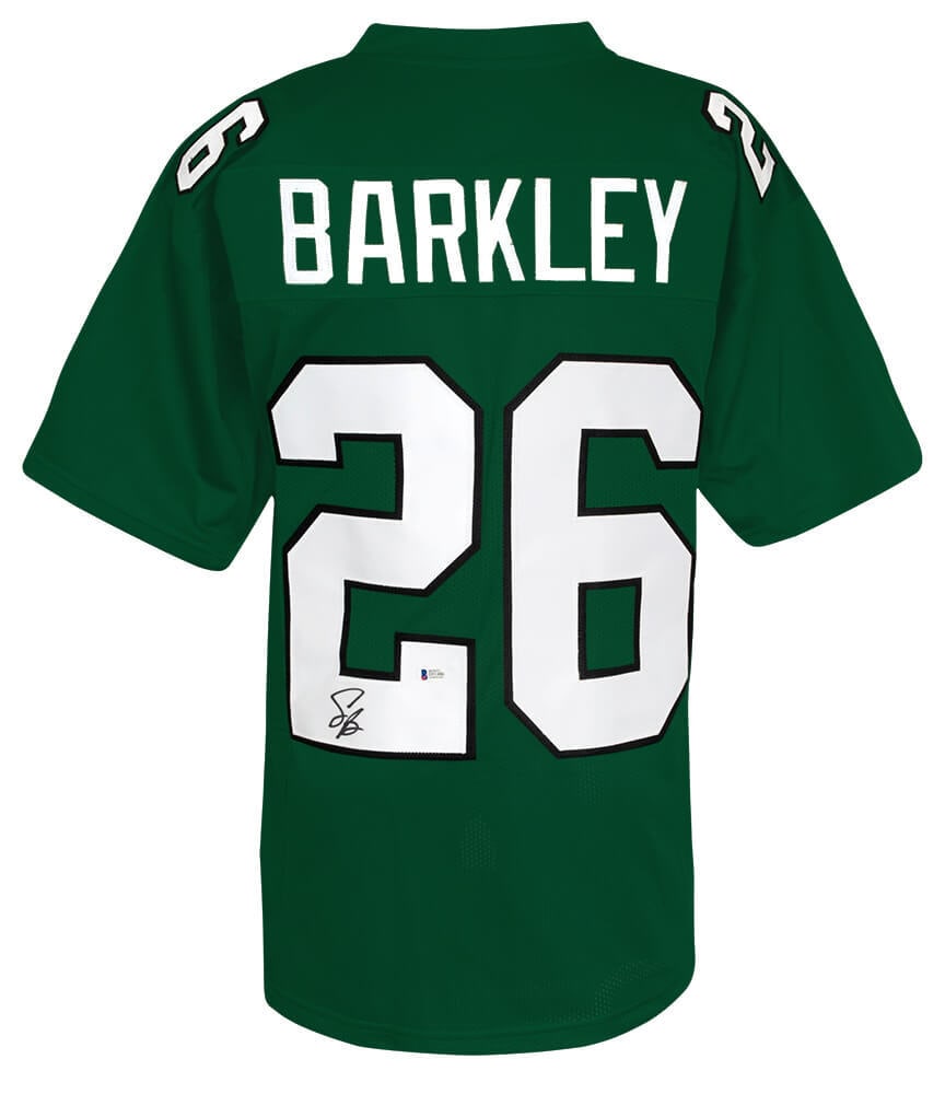 Saquon Barkley Signed Light Green Custom Jersey Philadelphia Eagles Beckett COA: Saquon Barkley Signed Light Green Custom Jersey Philadelphia Eagles Beckett COA This Saquon Barkley signed light green custom jersey is a must-have for any Philadelphia Eagles fan. The jersey is craft