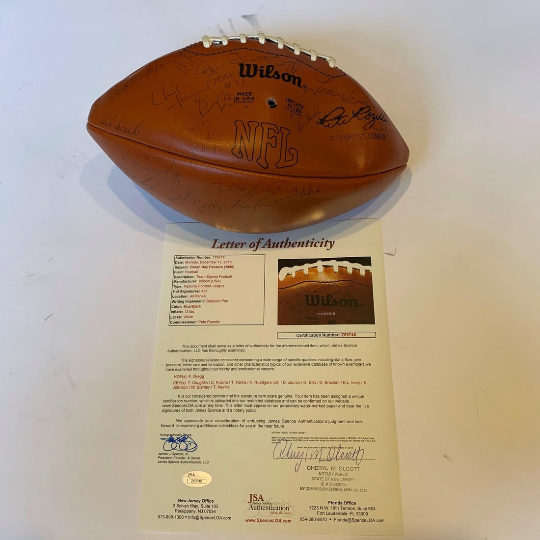 1986 Green Bay Packers Team Signed Wilson NFL Football with 49 Signatures JSA COA: 1986 Green Bay Packers Team Signed Wilson NFL Football with 49 Signatures JSA COA This is an authentic NFL Wilson game football signed by approximately 49 members of the 1986 Green Bay Packers,