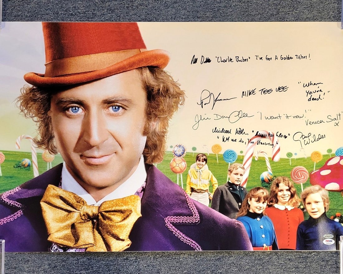Willy Wonka Cast Signed Photo 20x30 PSA/DNA Authenticated: Willy Wonka Cast Signed Photo 20x30 PSA/DNA Authenticated This captivating 20x30 photograph features the iconic cast of Willy Wonka, signed by Gene Wilder and four additional cast members. The