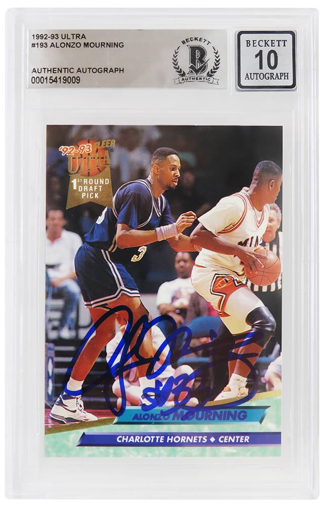 Alonzo Mourning Signed 1992-93 Fleer Ultra Rookie Card #193 Beckett Auto 10: Alonzo Mourning Signed 1992-93 Fleer Ultra Rookie Card #193 Beckett Auto 10 This is a signed Alonzo Mourning 1992-93 Fleer Ultra rookie basketball card #193, featuring the renowned player from the Cha