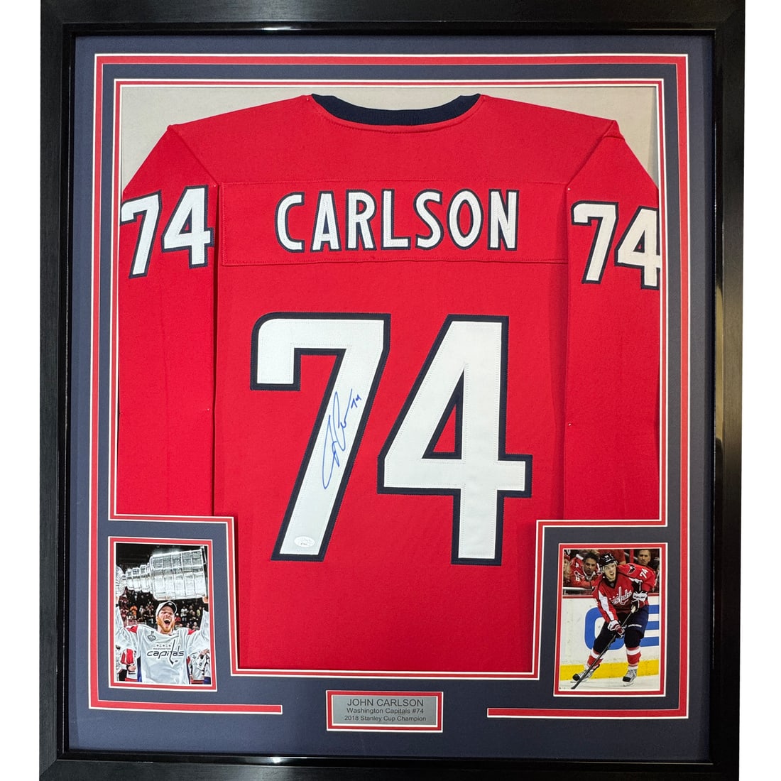 Framed Autographed John Carlson Washington Capitals Jersey JSA COA 35x39: Framed Autographed John Carlson Washington Capitals Jersey JSA COA 35x39 This professionally framed and matted autographed John Carlson jersey is a must-have for any Washington Capitals fan. The jerse