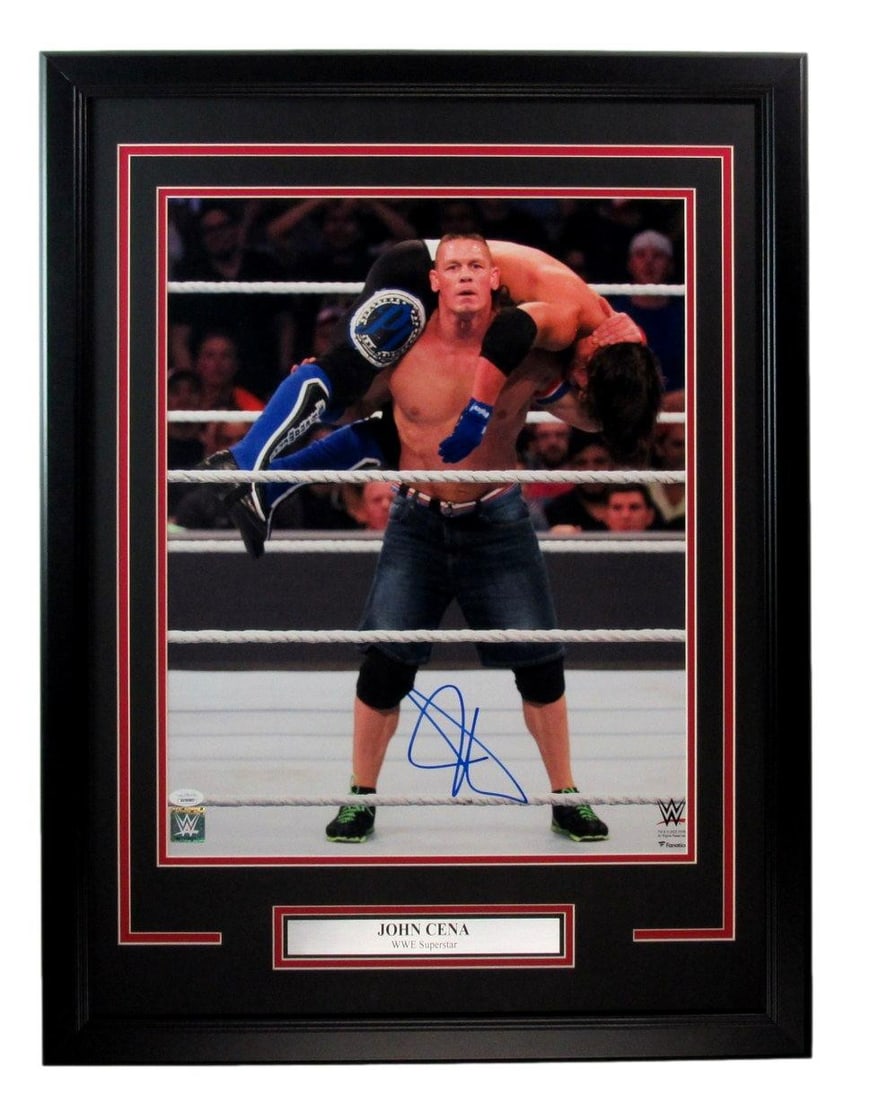 Framed 16x20 Photograph Signed by John Cena Wrestling Autograph JSA Authenticated: Framed 16x20 Photograph Signed by John Cena Wrestling Autograph JSA Authenticated This framed 16x20 photo features a signature from WWE Superstar John Cena. The photo is in pre-owned condition and is