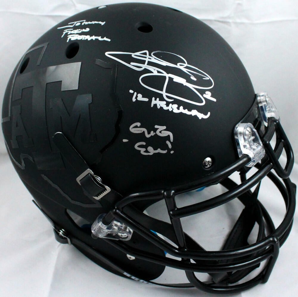 Texas A&M Schutt Helmet Signed by Johnny Manziel with Three Inscriptions BAS: Texas A&M Schutt Helmet Signed by Johnny Manziel with Three Inscriptions BAS This is a pre-owned Schutt full-size authentic Texas A&M helmet signed by Johnny Manziel, featuring three inscriptions. The
